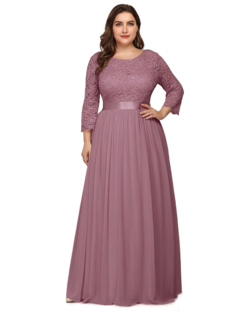 Front of a model wearing a size 12 See-Through Floor Length Lace Evening Dress in Purple Orchid by Ever-Pretty. | dia_product_style_image_id:291288